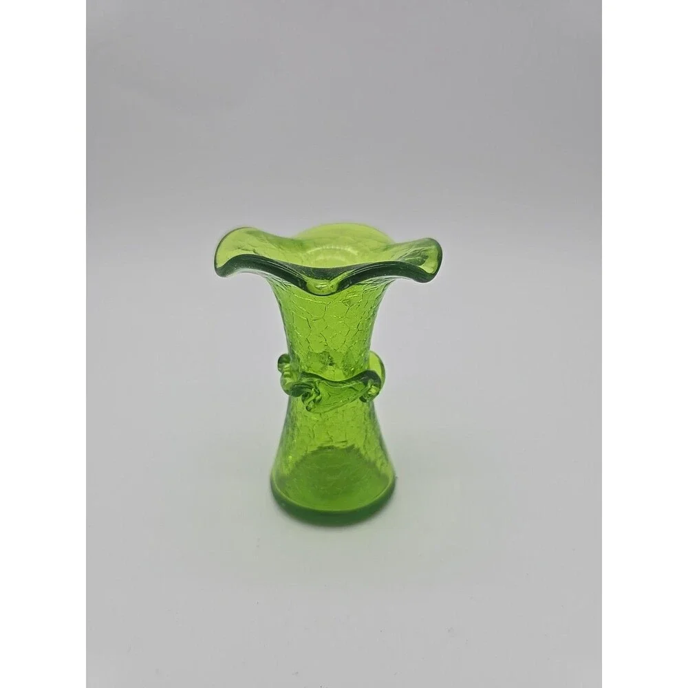 Vintage Green Crackle Glass Wavy Rim Vase